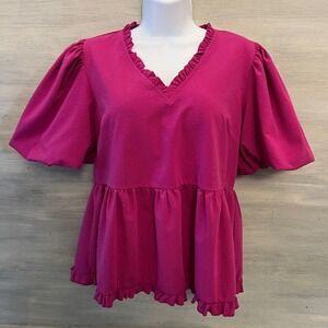 Jodifl Fuchsia Ruffle Vneck Babydoll Peplum Blouse Size Medium Good Condition
